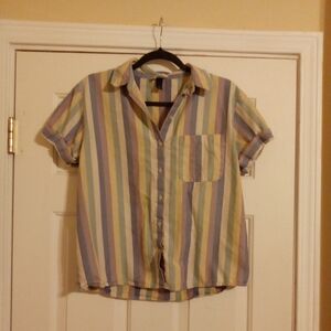 Women's Short Sleeve Button Down Blouse Multicolor Striped Shirt Size Small